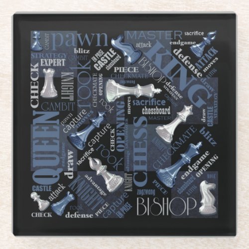 Chess Terms and Pieces Silver and Blue ID784 Glass Coaster