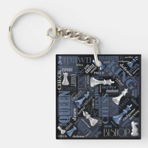Chess Terms and Pieces Silver and Blue ID784 Keychain