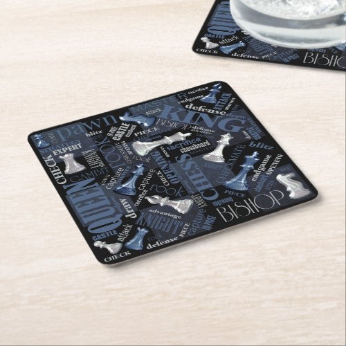 Chess Terms and Pieces Silver and Blue ID784 Square Paper Coaster