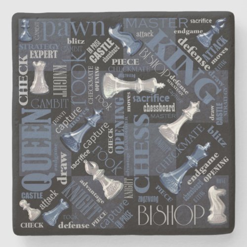 Chess Terms and Pieces Silver and Blue ID784 Stone Coaster