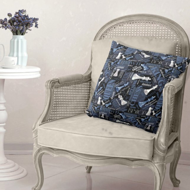 Chess Terms and Pieces Silver and Blue ID784 Throw Pillow (Creator Uploaded)