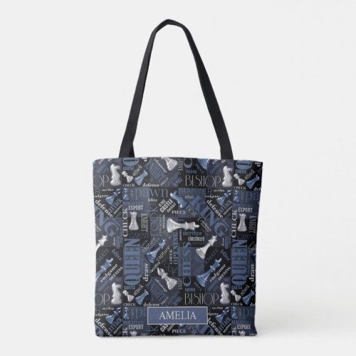 Chess Terms and Pieces Silver and Blue ID784 Tote Bag