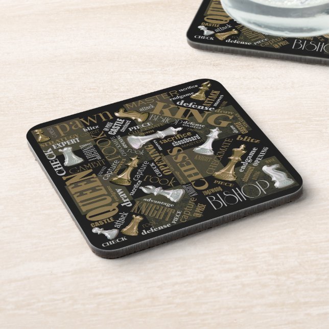 Chess Terms and Pieces Silver and Gold ID784 Beverage Coaster (Left Side)
