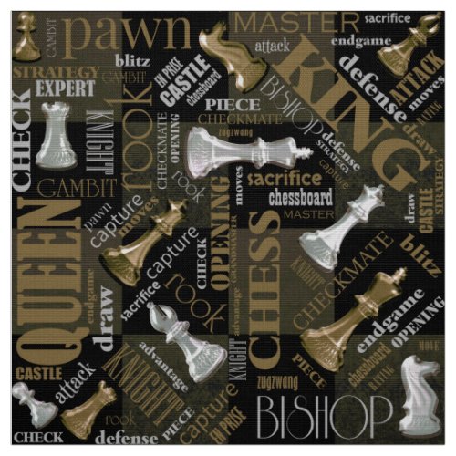 Chess Terms and Pieces Silver and Gold ID784 Fabric