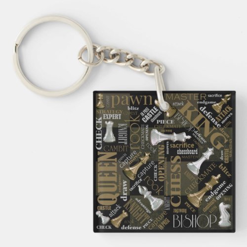 Chess Terms and Pieces Silver and Gold ID784 Keychain