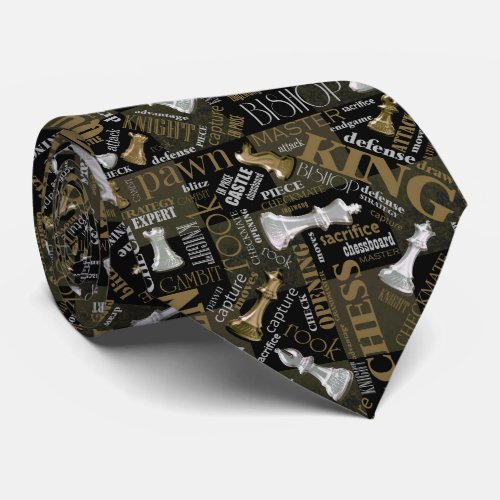 Chess Terms and Pieces Silver and Gold ID784 Neck Tie