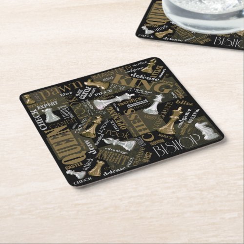 Chess Terms and Pieces Silver and Gold ID784 Square Paper Coaster