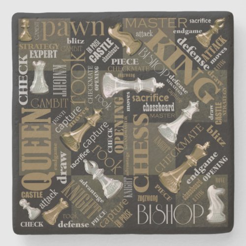 Chess Terms and Pieces Silver and Gold ID784 Stone Coaster