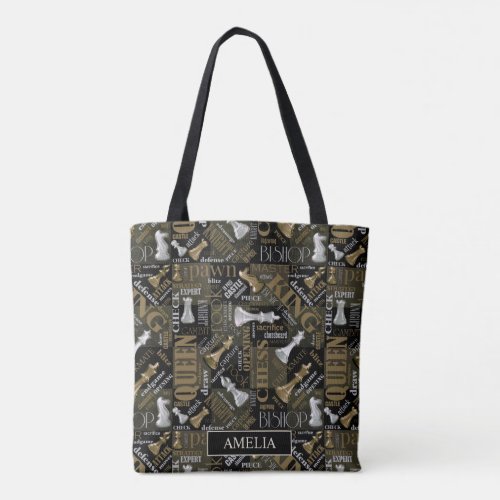 Chess Terms and Pieces Silver and Gold ID784 Tote Bag