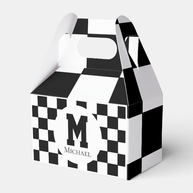 Chess Themed Birthday Party Checkered Monogram Favor Boxes (Front Side)