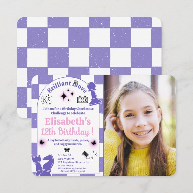 Chess Tournament Birthday Party For Girls Photo 3 Invitation (Front/Back)