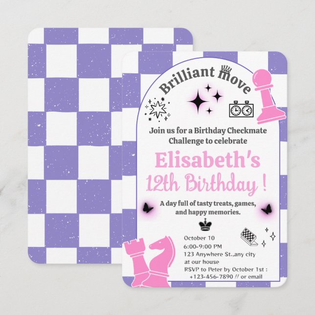 Chess Tournament Birthday Party For Girls Theme 2 Invitation (Front/Back)