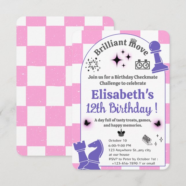 Chess Tournament Birthday Party For Girls Theme Invitation (Front/Back)