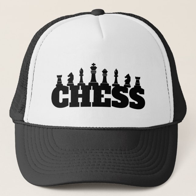 Chess Word Black Pieces Strategy Game Classic Trucker Hat (Front)