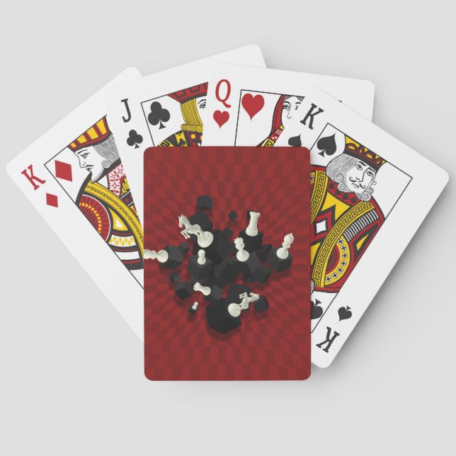 Chessboard and 3D Chess Pieces composition on red Poker Cards (Back)