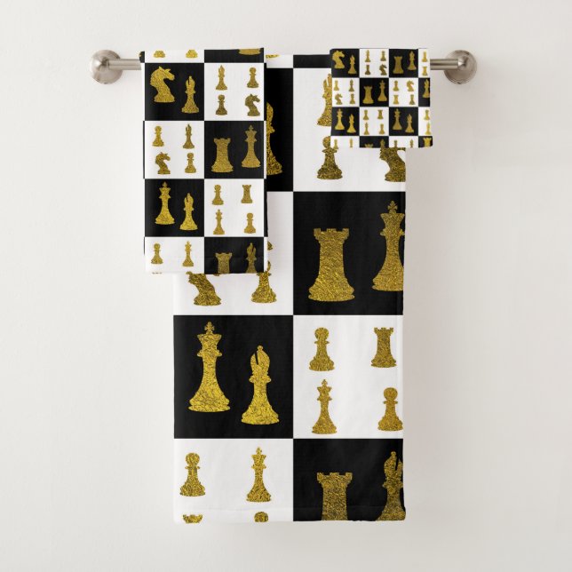 Chessboard and Gold Chess Pieces pattern Bath Towel Set (Insitu)
