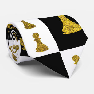 Chessboard and Gold Chess Pieces pattern Tie