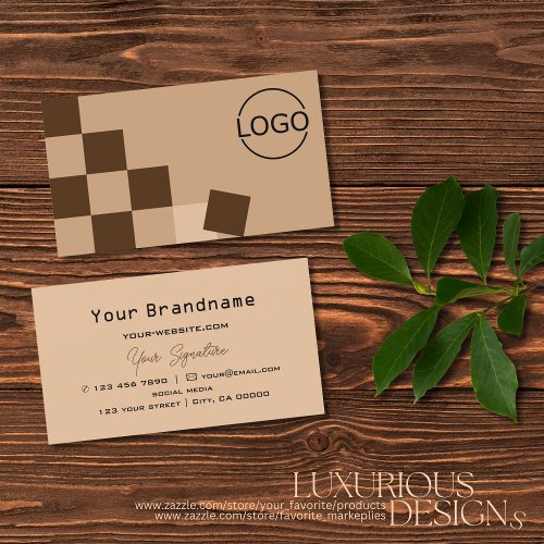 Chessboard Beige and Brown Modern with Logo Cool Business Card