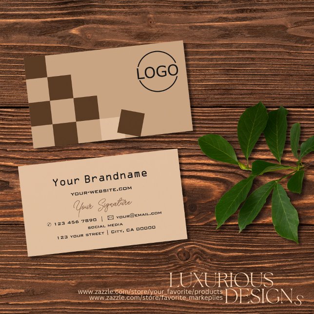 Chessboard Beige and Brown Modern with Logo Cool Business Card (Creator Uploaded)
