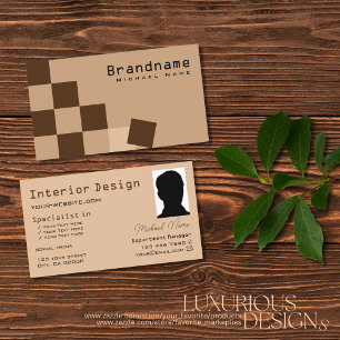 Chessboard Beige and Brown Modern with Photo Cool Business Card