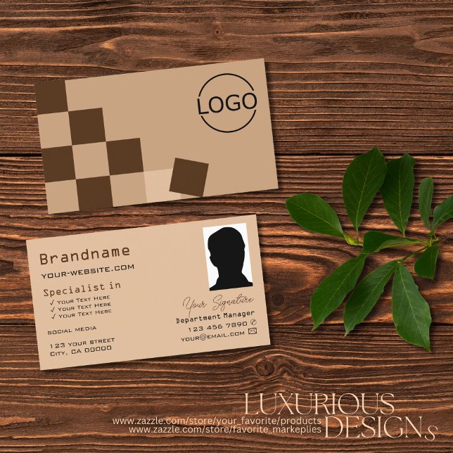 Chessboard Beige and Brown with Logo & Photo Cool Business Card (Creator Uploaded)