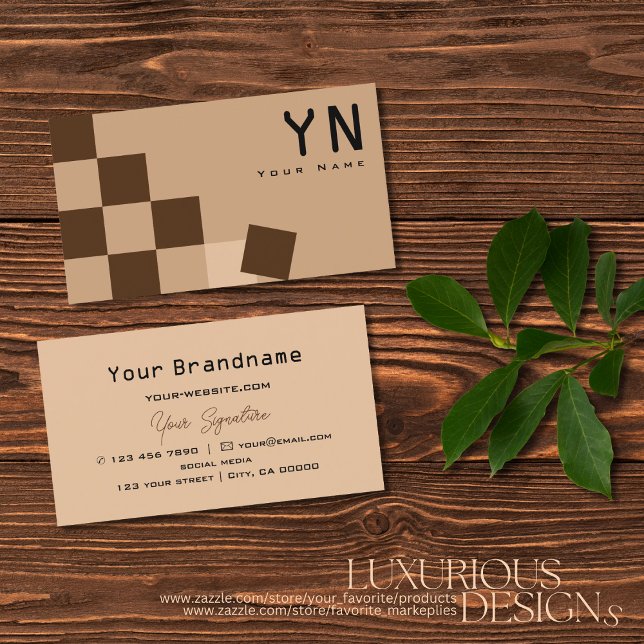 Chessboard Beige and Brown with Monogram Modern Business Card (Creator Uploaded)