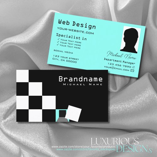 Chessboard Black and White Modern Teal with Photo Business Card