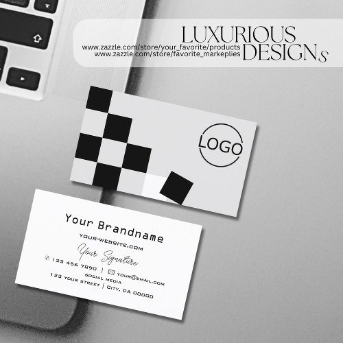 Chessboard Black Light Gray Modern with Logo Cool Business Card