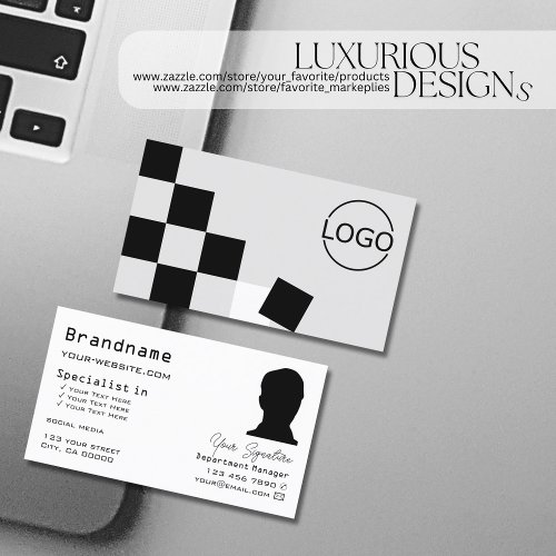 Chessboard Black Light Gray with Logo and Photo Business Card