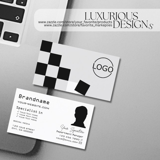 Chessboard Black Light Gray with Logo and Photo Business Card (Creator Uploaded)