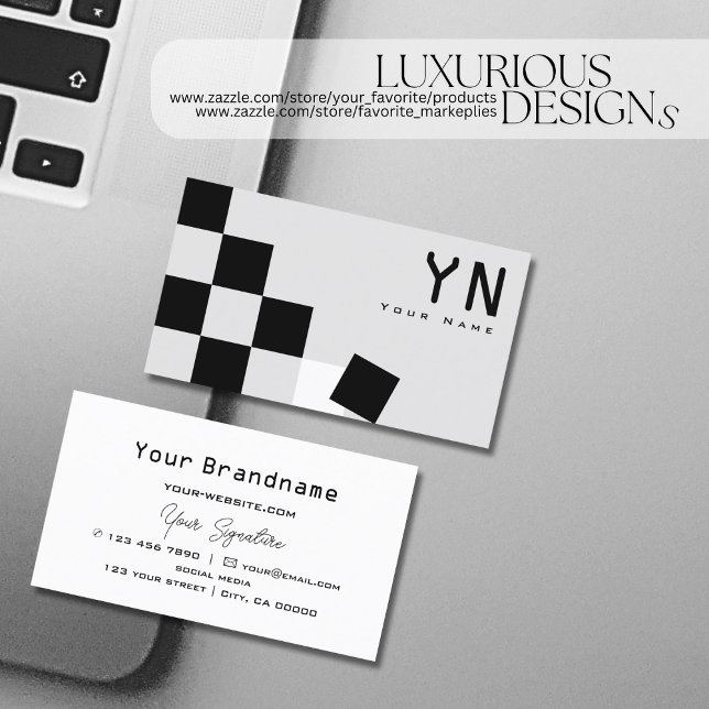 Chessboard Black Light Gray with Monogram Modern Business Card (Creator Uploaded)
