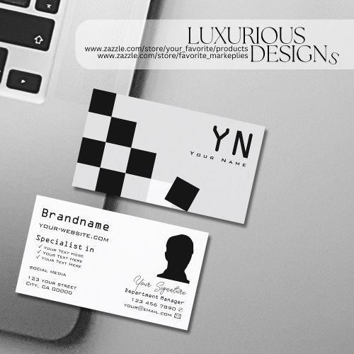 Chessboard Black Light Gray with Monogram  Photo Business Card