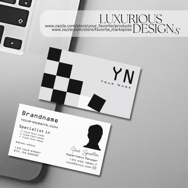 Chessboard Black Light Gray with Monogram & Photo Business Card (Creator Uploaded)