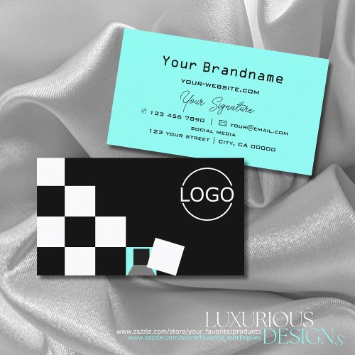 Chessboard Black White Teal Modern with Logo Cool Business Card