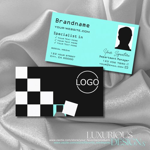 Chessboard Black White Teal with Logo and Photo Business Card