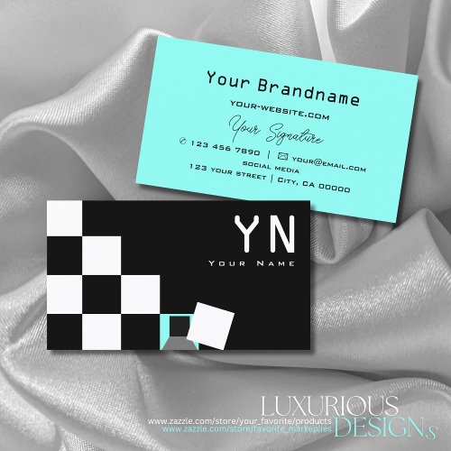 Chessboard Black White Teal with Monogram Modern Business Card