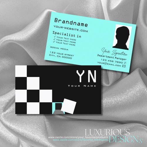 Chessboard Black White Teal with Monogram  Photo Business Card