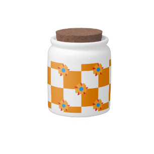 Chessboard flowers orange white candy jar