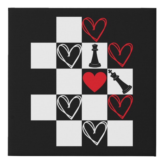 Chessboard Heart Valentines Day B&W Faux Canvas Print (Front)