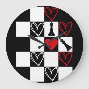 Chessboard Heart Valentines Day B&W Large Clock