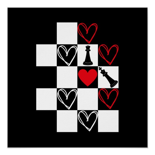 Chessboard Heart Valentines Day B&W Poster (Front)