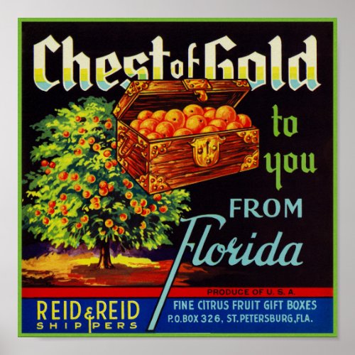 Chest of Gold Oranges packing label Poster