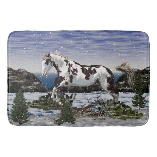 Chestnut and White Paint Horse in Snow Bathroom Mat (Front)