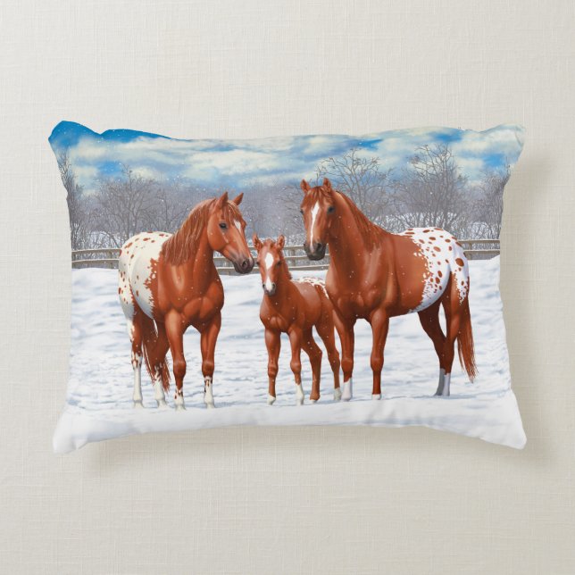 Chestnut Appaloosa Sorrel Quarter Horses in Snow Accent Pillow (Front)