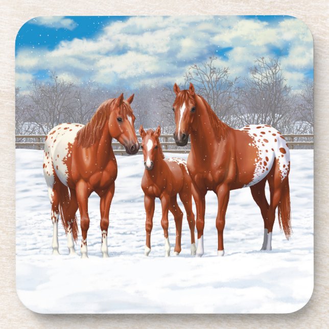 Chestnut Appaloosa Sorrel Quarter Horses in Snow Beverage Coaster (Front)