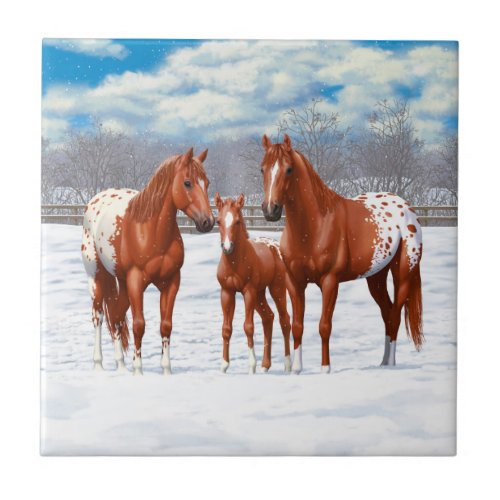 Chestnut Appaloosa Sorrel Quarter Horses in Snow Ceramic Tile