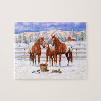 Chestnut Appaloosa Sorrel Quarter Horses in Snow Jigsaw Puzzle