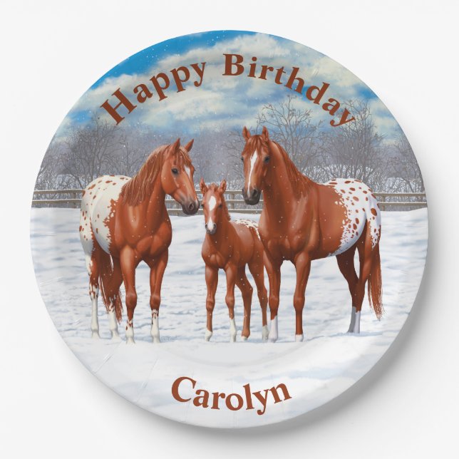 Chestnut Appaloosa Sorrel Quarter Horses in Snow Paper Plates (Front)