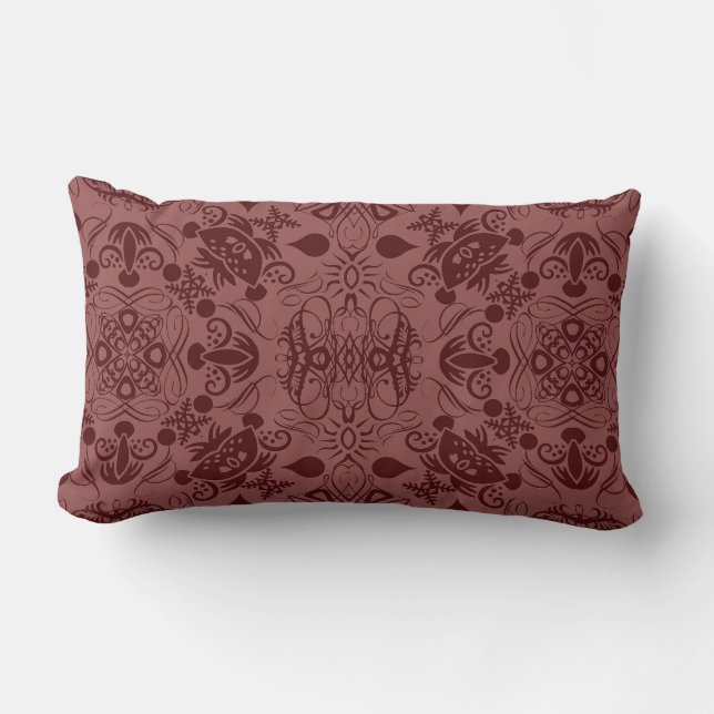 Chestnut Brown and Brick Red Flourishes Lumbar Pillow (Front)