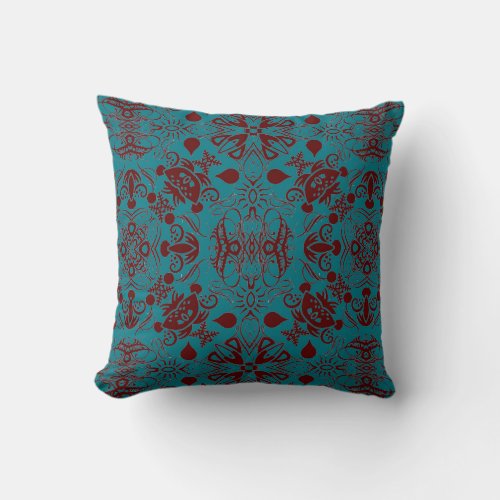 Chestnut Brown and Dark Turquoise Flourishes Throw Pillow